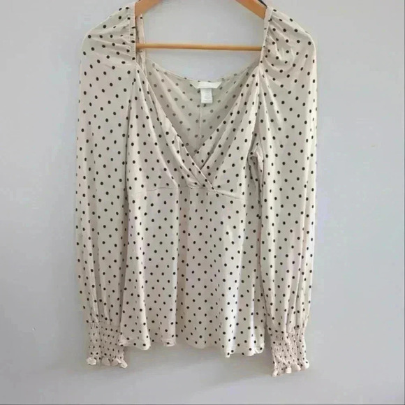 H&M | Cream with Black Polka Dots V-Neck Wrap Style Long Sleeve Top - Picture 1 of 4